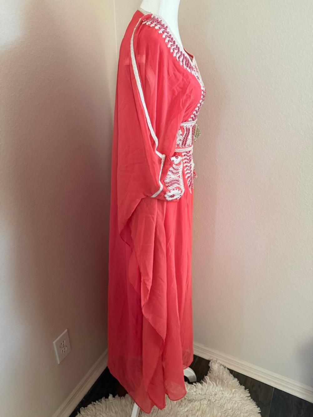 Luxury Moroccan Farasha Kaftan 2-Piece Set – Coral Red Embroidered Dress - Picture 5 of 14